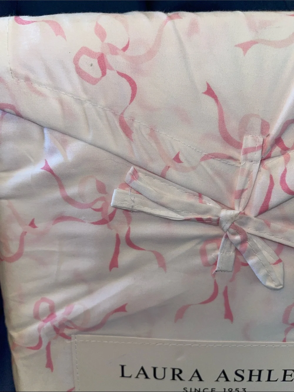 Laura Ashley Cotton Percale Twin XL Sheet Set in White with Pink Ribbon Motif
